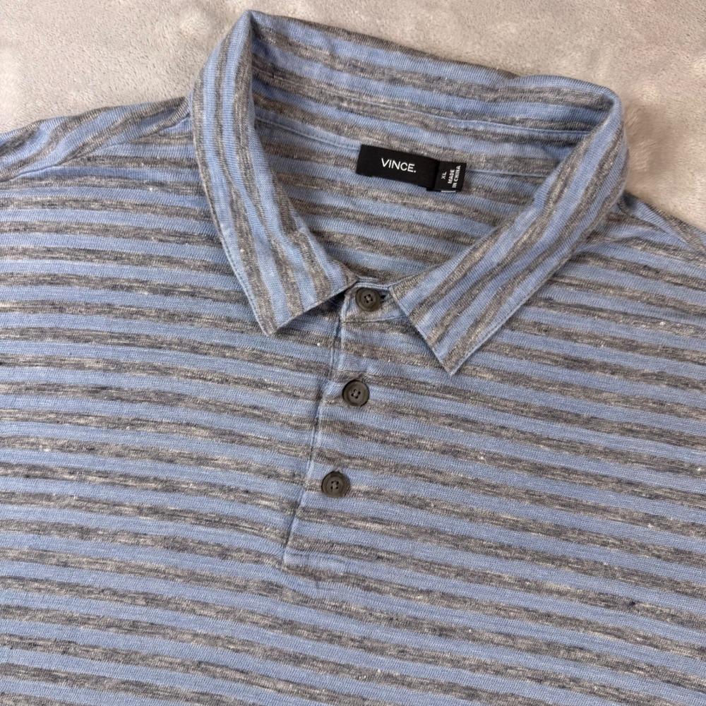 VINCE Mens Striped Linen Blend Polo Shirt Blue Grey Short Sleeve Size XL